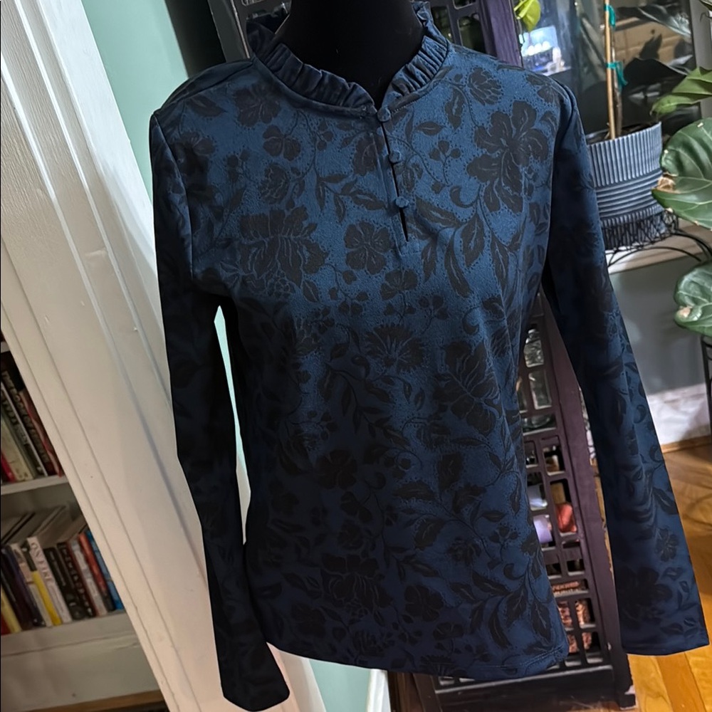 Ann Taylor Navy Blue Floral Jacquard Long Sleeve Top